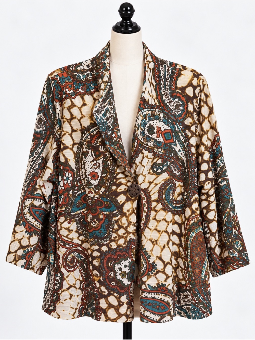 Multiples Cream, Brown and Teal Paisley Button-Front Jacket